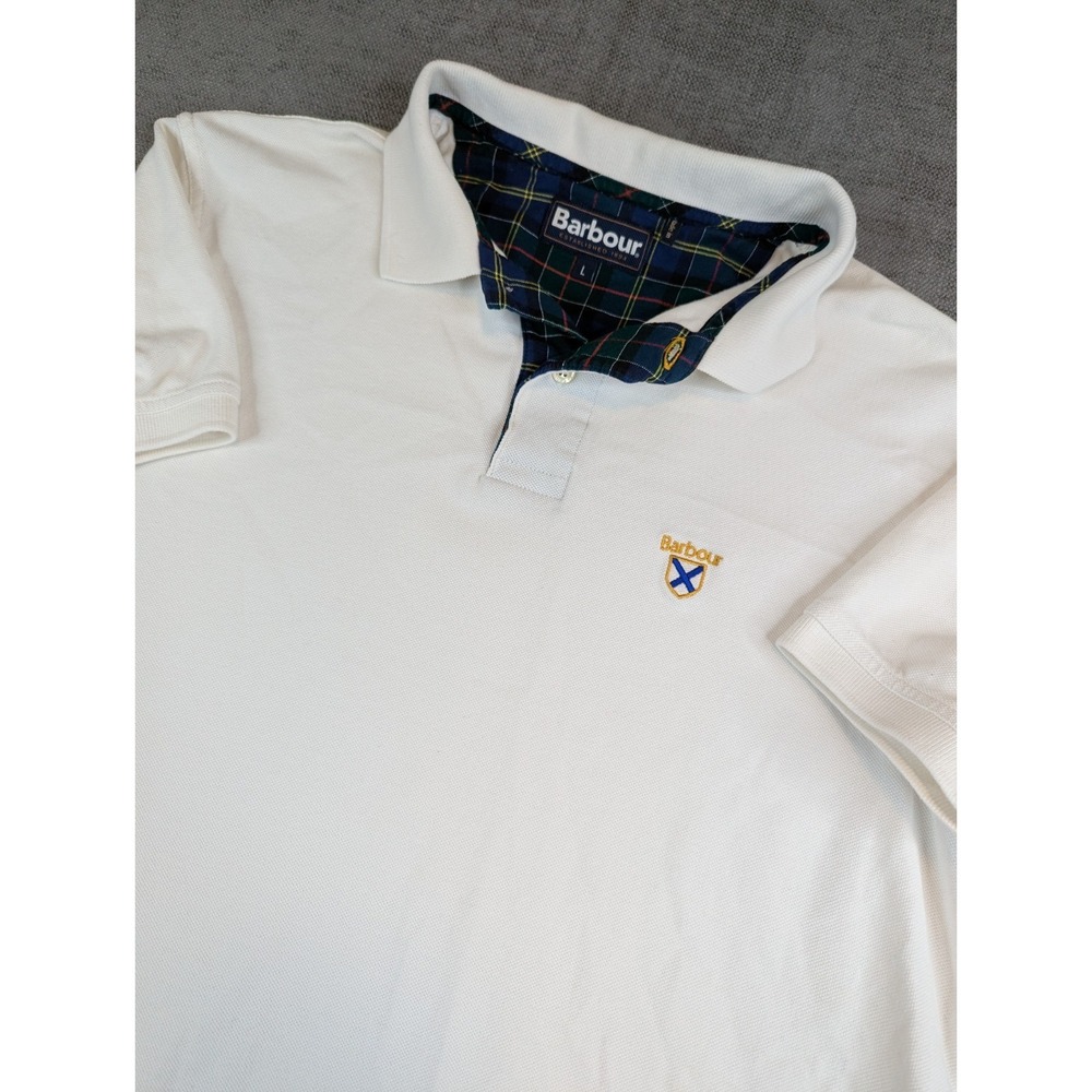 Barbour Polo Shirt Mens L White Pique Short Sleeve Chest Pocket Golf Performance